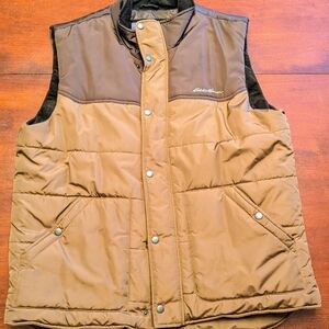 Eddie Bauer Down Puffer Vest Mens L Brown Two Tone And Corduroy